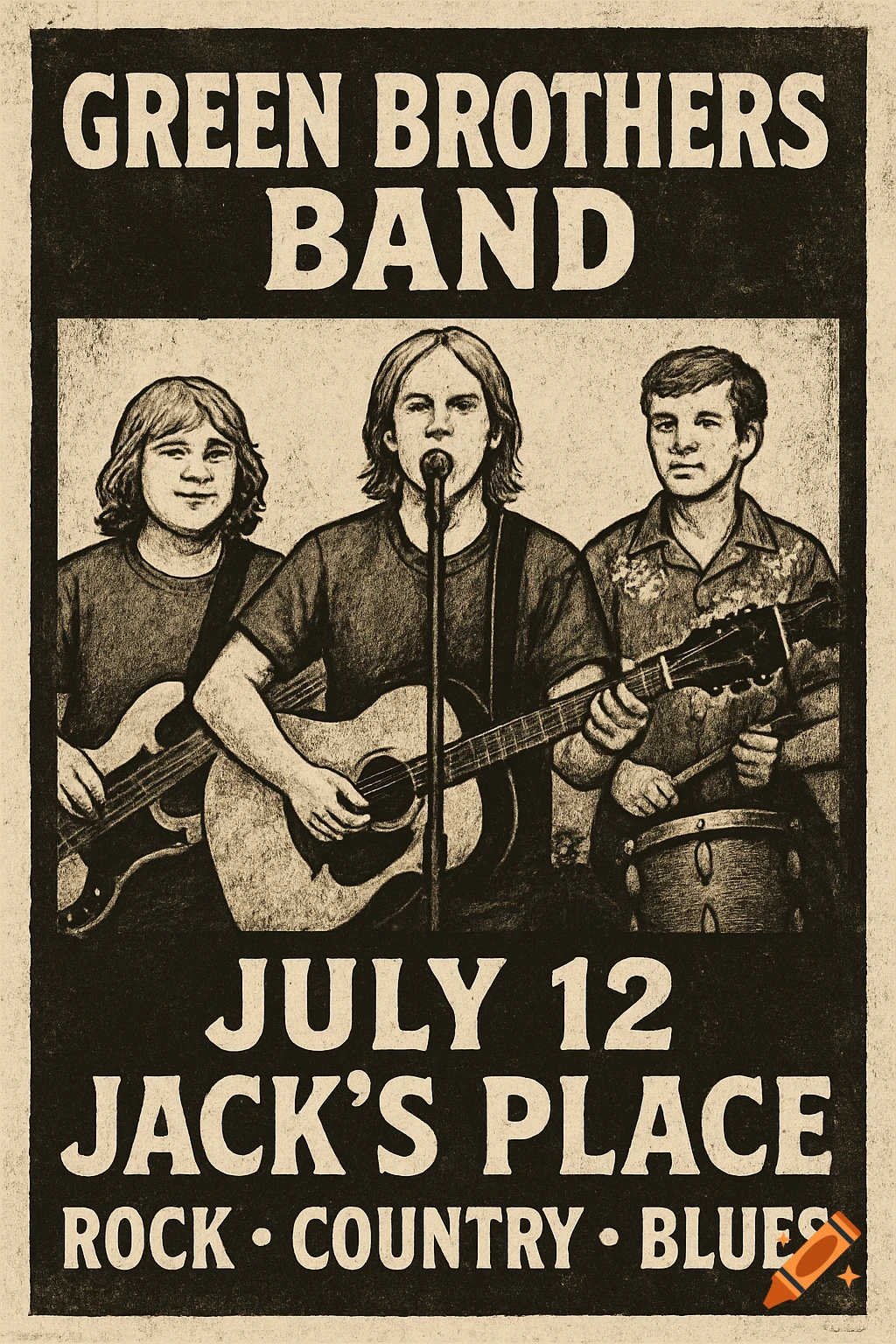 A monochromatic, rustic-style band poster for the Green Brothers Band, featuring three young men playing instruments, with text details for the show.