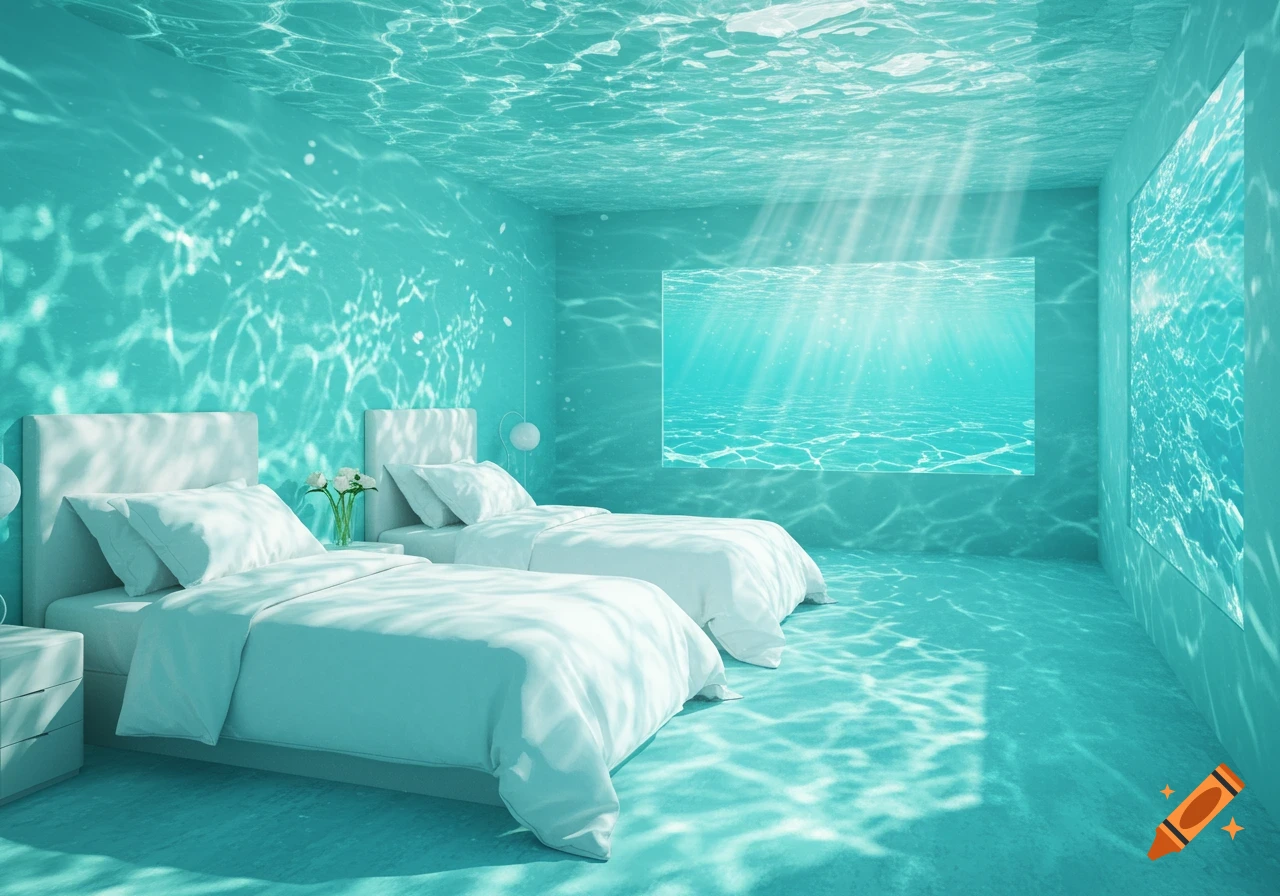A bedroom with two white beds, featuring an immersive underwater theme with light rays streaming through a window-like screen and ripple patterns on all surfaces.