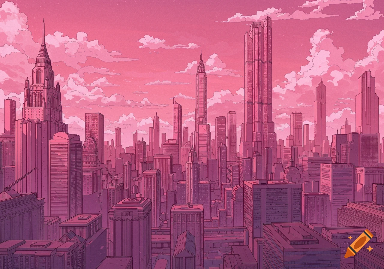A vibrant pink and purple stylized cityscape with numerous tall buildings under a cloudy, pink sky.