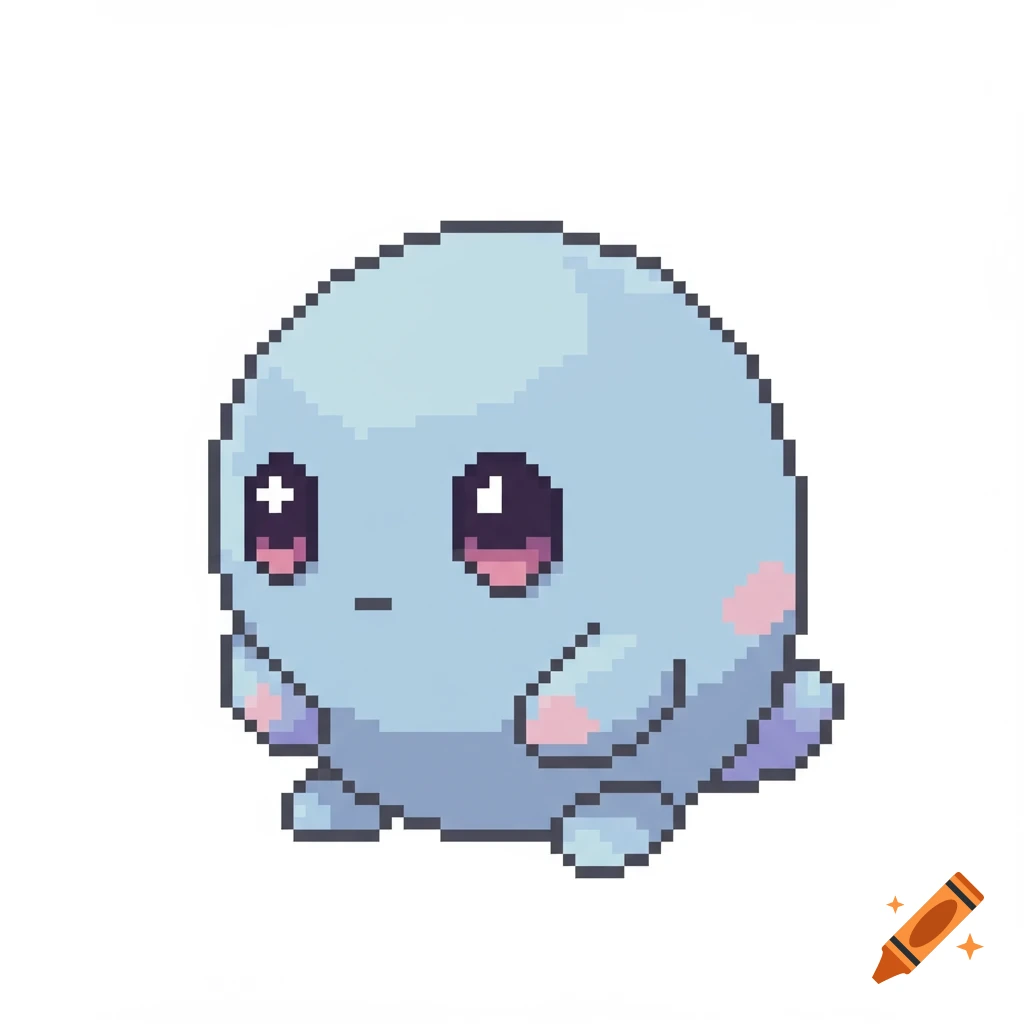 A cute, light blue, round pixel art creature with large pink eyes and small pink cheeks.
