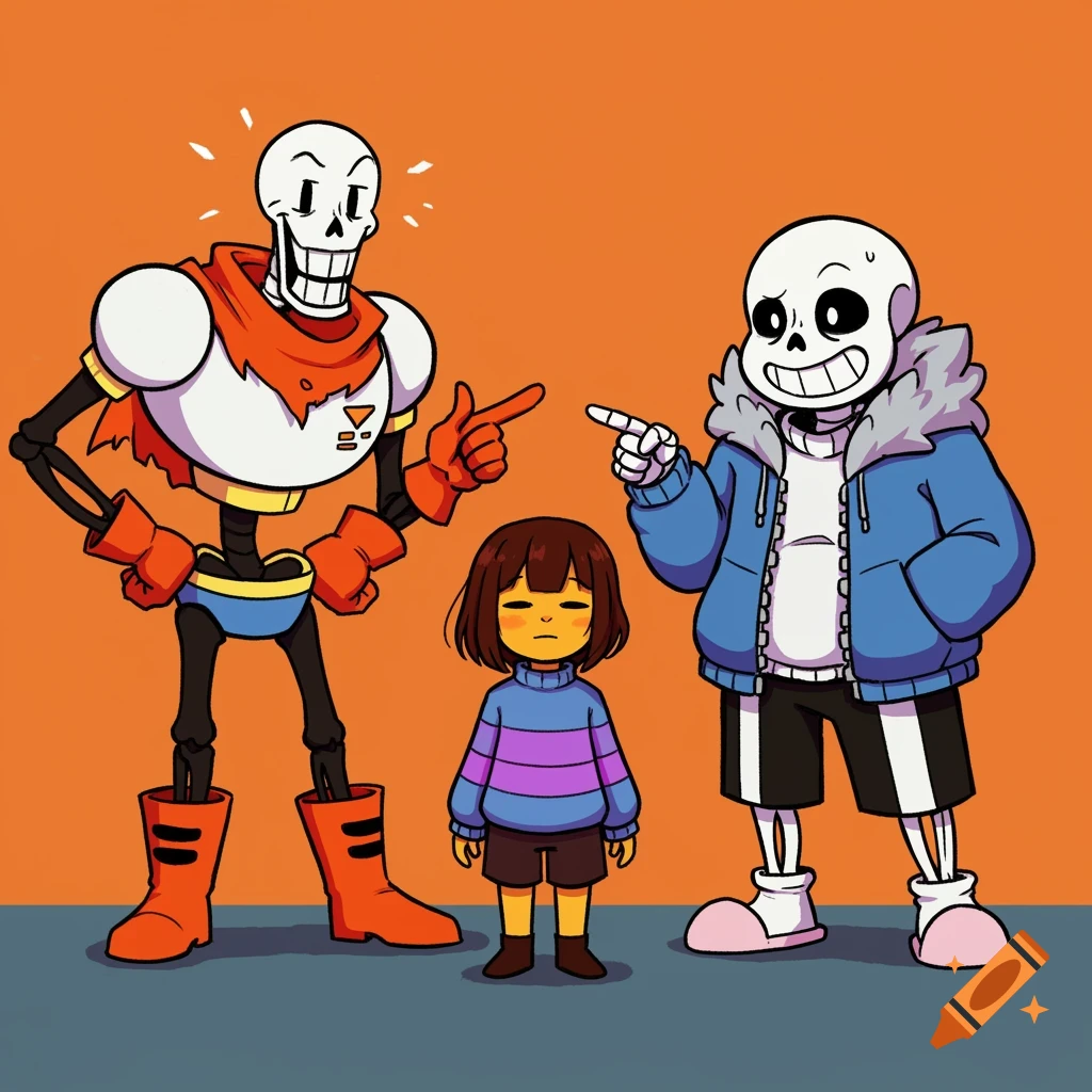 Cartoon of Papyrus and Sans, skeletal characters, pointing at a small human child, Frisk, who looks annoyed.