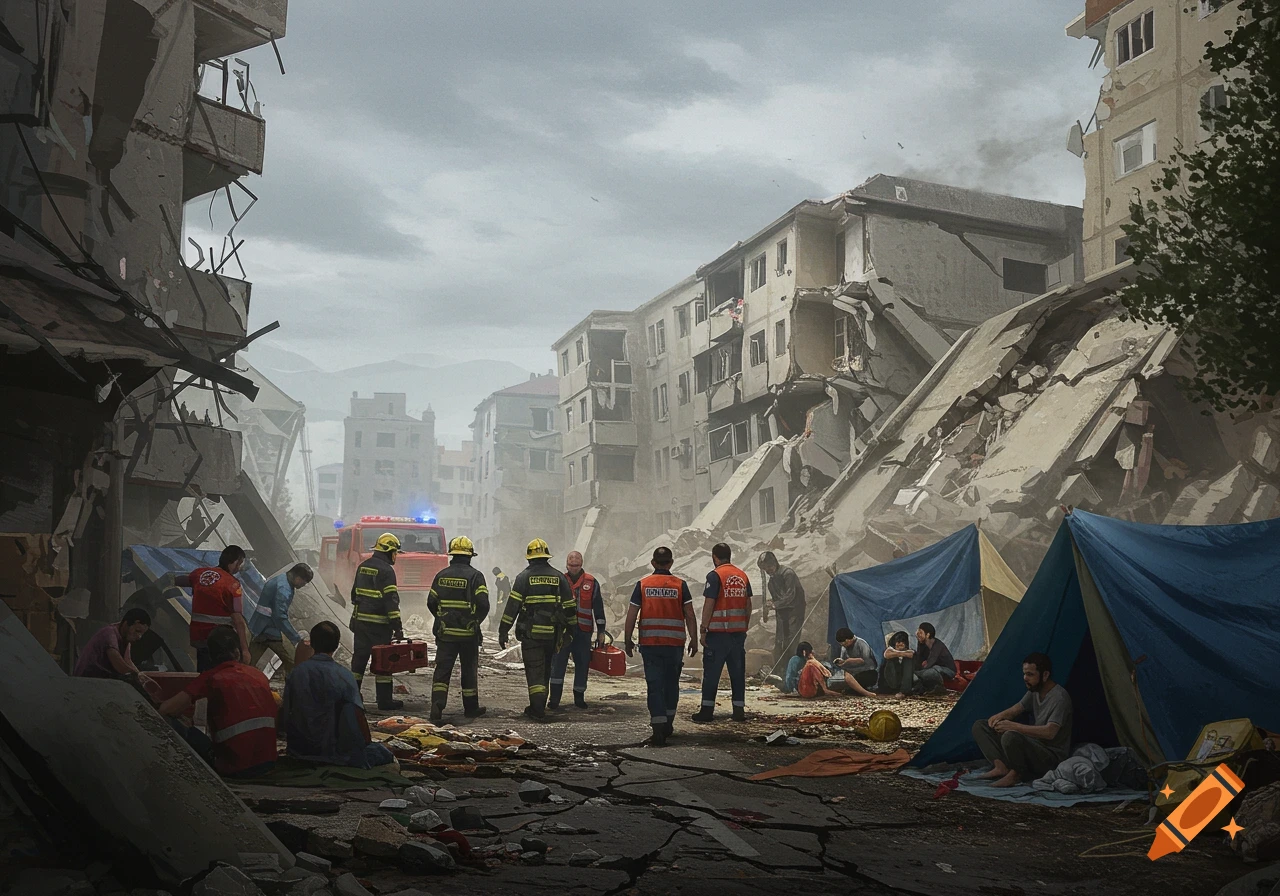 Emergency responders assist displaced residents amid rubble and damaged buildings after an earthquake, overcast sky.