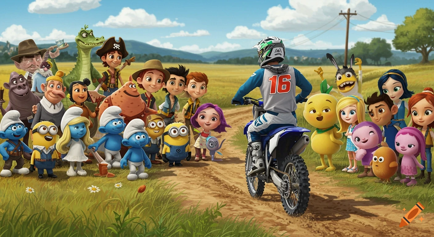 A boy on a dirt bike with the number 16 on his back rides away on a rural path, watched and waved at by a large crowd of various cartoon characters including Smurfs and Minions.