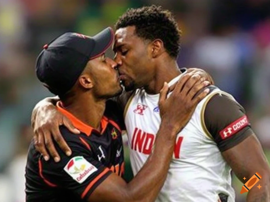 Two male athletes in sports jerseys and a cap kissing on a field.