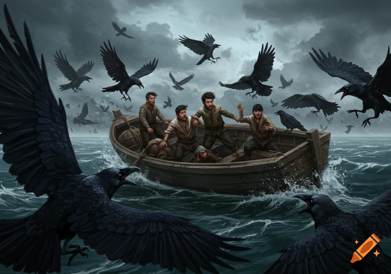 Dramatic digital painting of men in a wooden boat on a stormy sea, swarmed and attacked by numerous large black crows.