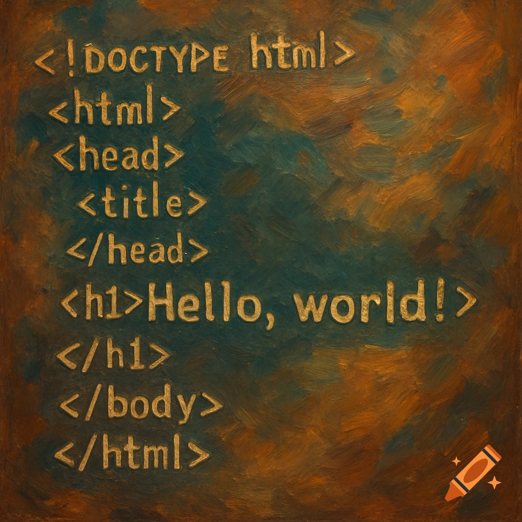 Golden, textured HTML code for a 'Hello, world!' page painted on a dark teal and brown abstract background.