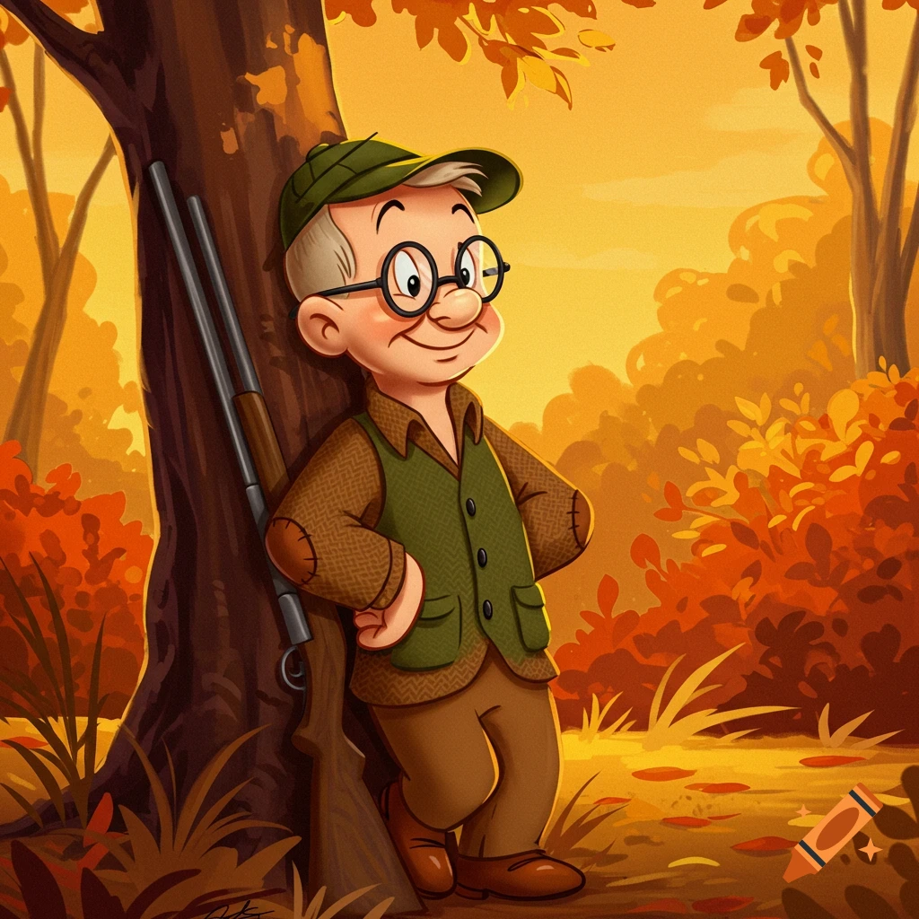 A cartoon man resembling Elmer Fudd in glasses and a hunting vest leans against a tree with two rifles in an autumn forest.