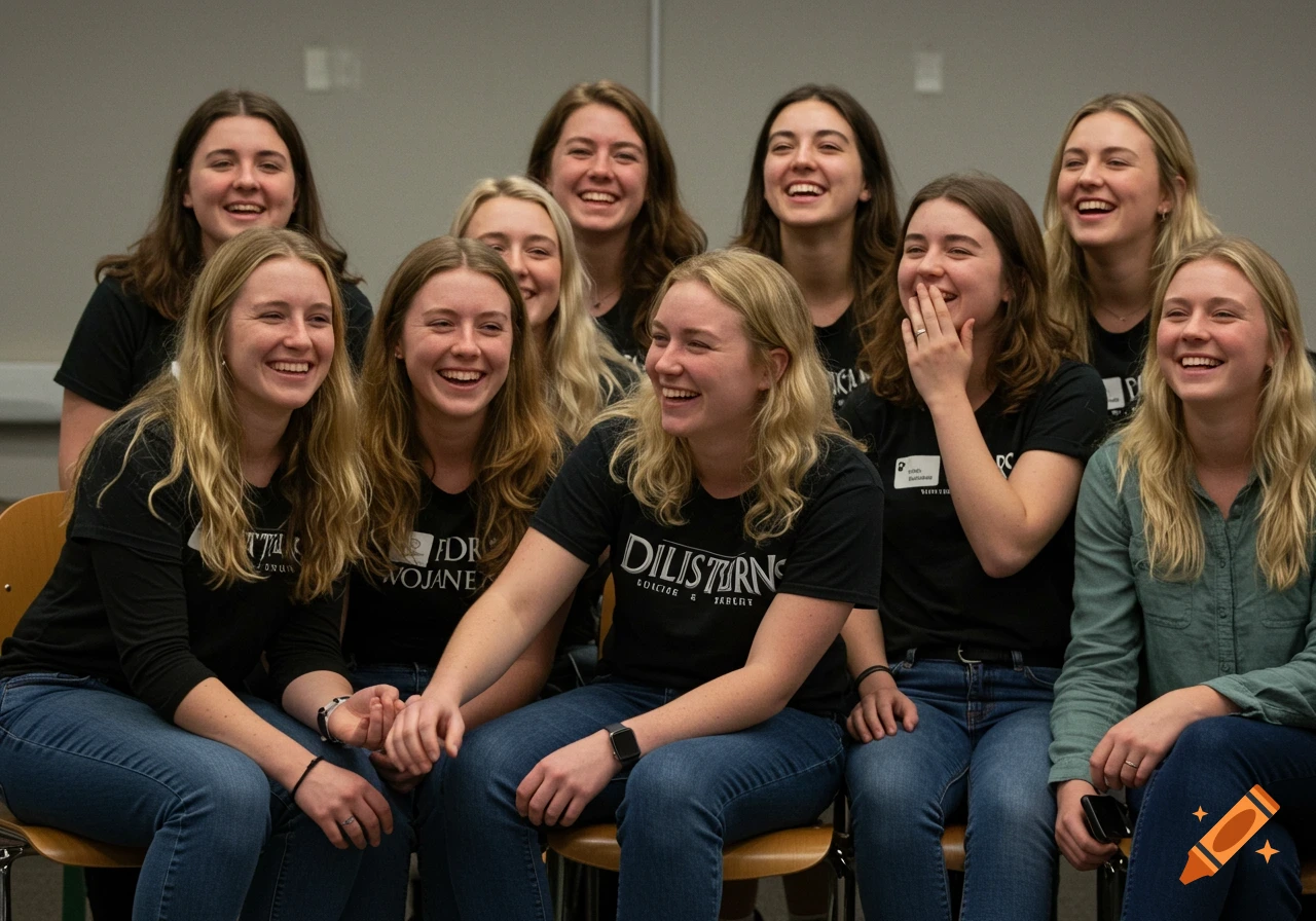 A group of smiling young women, dressed in black shirts and jeans, sitting together and laughing.