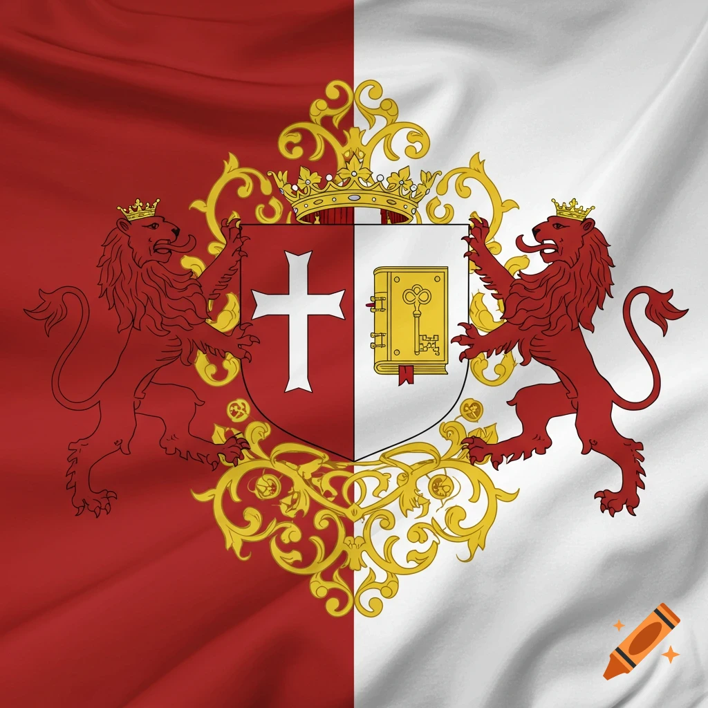 A Renaissance-style flag or coat of arms, split red and white, featuring two crowned red lions flanking a central shield with a cross and a book, adorned with golden flourishes.
