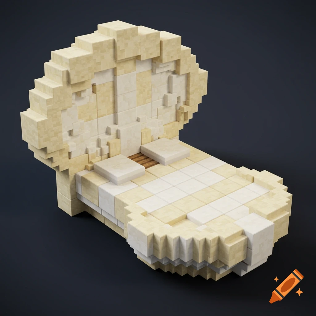 A 3D voxel art model of a seashell-shaped bed with two white pillows on a dark background.