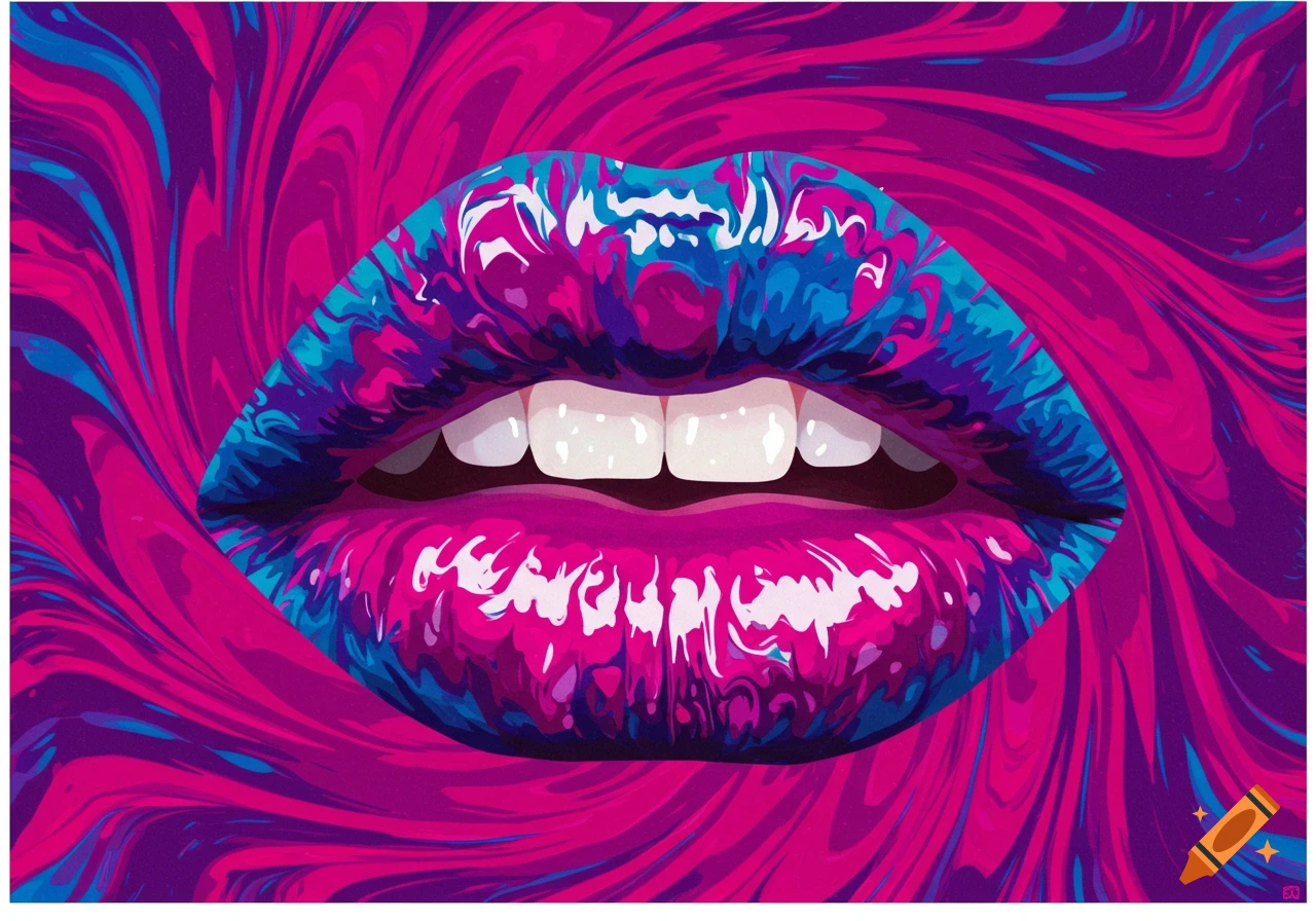 Close-up of vibrant pink, blue, and purple psychedelic lips with swirled patterns.