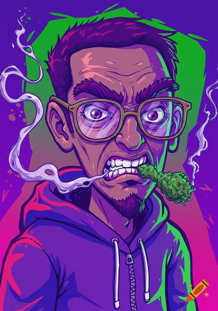 Vibrant cartoon illustration of a man in glasses and purple hoodie, smoking weed, against a purple and green background.