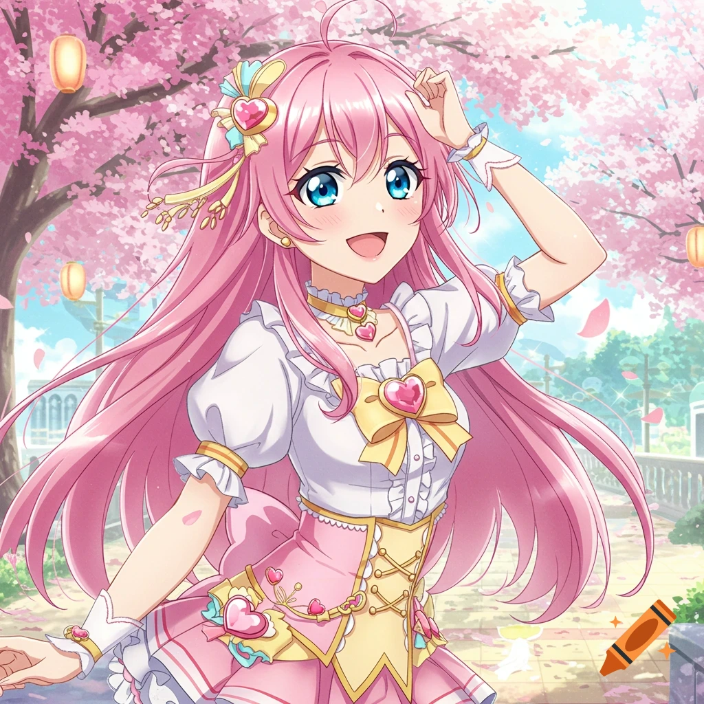 A cheerful anime girl with long pink hair and blue eyes smiles in a pink dress amidst cherry blossoms.