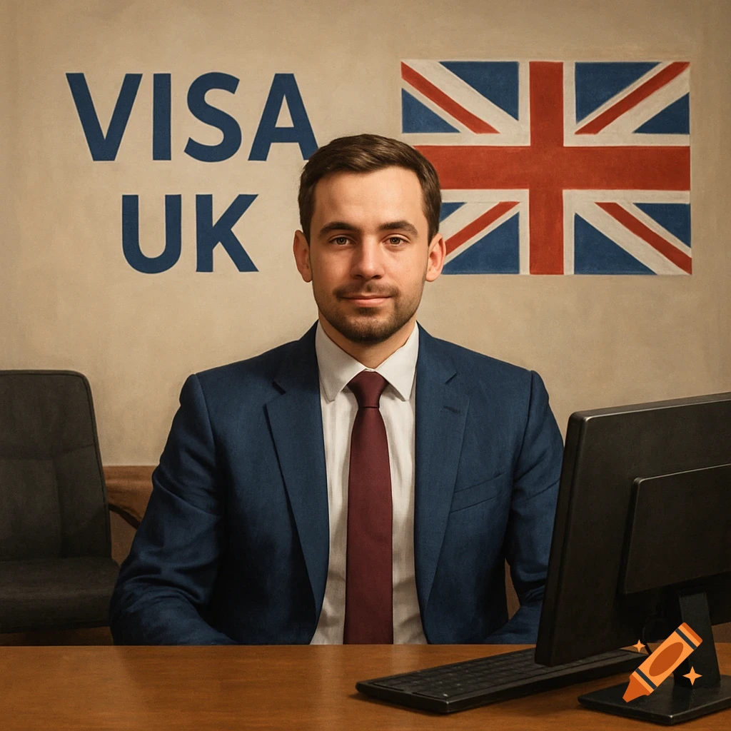 A professional man in a blue suit and red tie sits at an office desk with a computer, with 'VISA UK' and the British flag on the wall behind him.