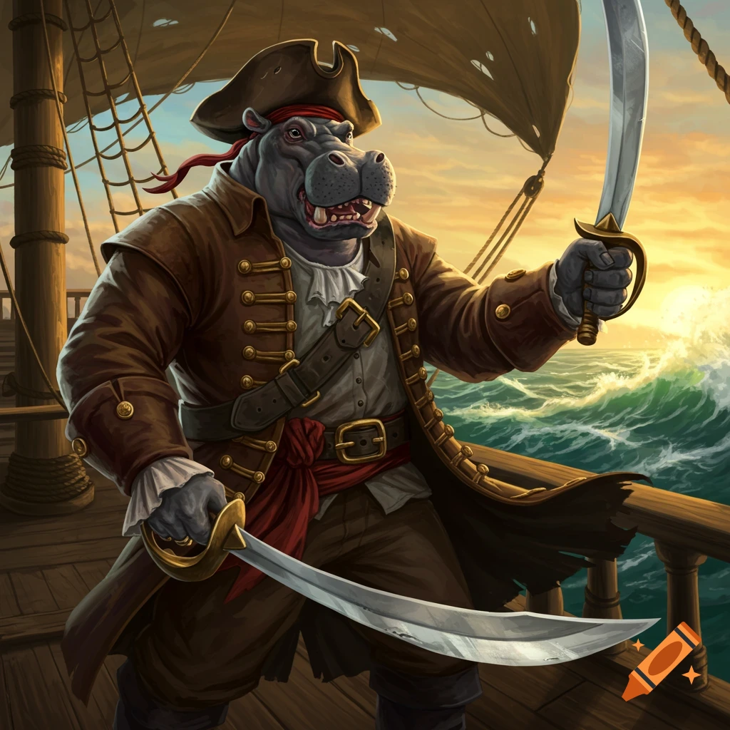 A fierce anthropomorphic hippopotamus pirate captain stands on a ship deck at sunset, holding two sabers.