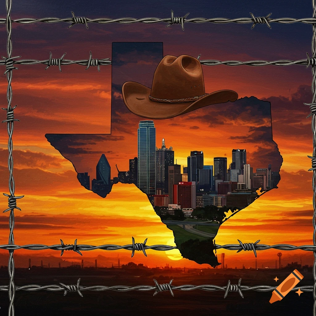 Texas state outline with Dallas skyline and a cowboy hat at sunset, framed by barbed wire.