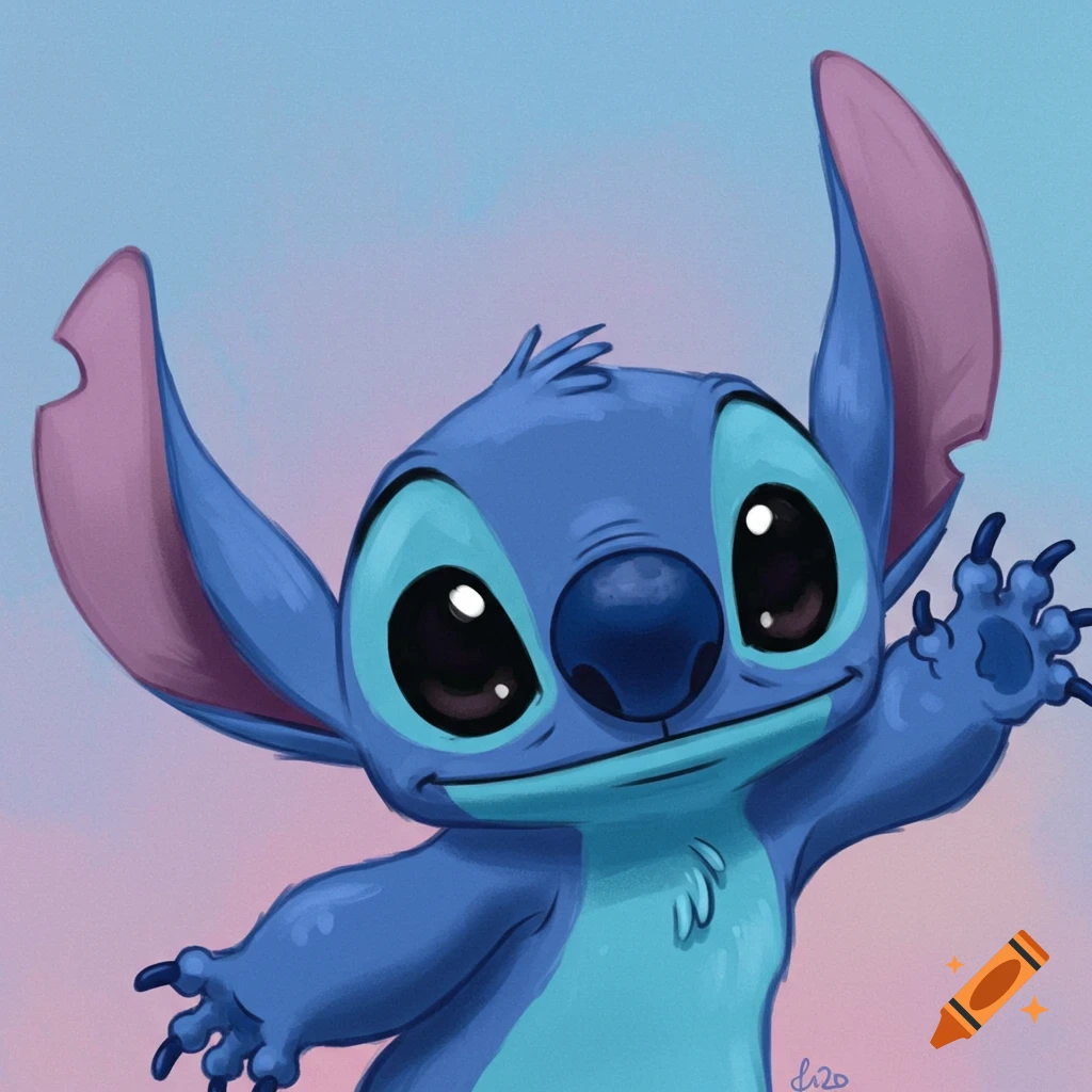 Close-up digital illustration of Stitch from Disney's Lilo & Stitch, smiling and waving, against a pastel blue and pink background.
