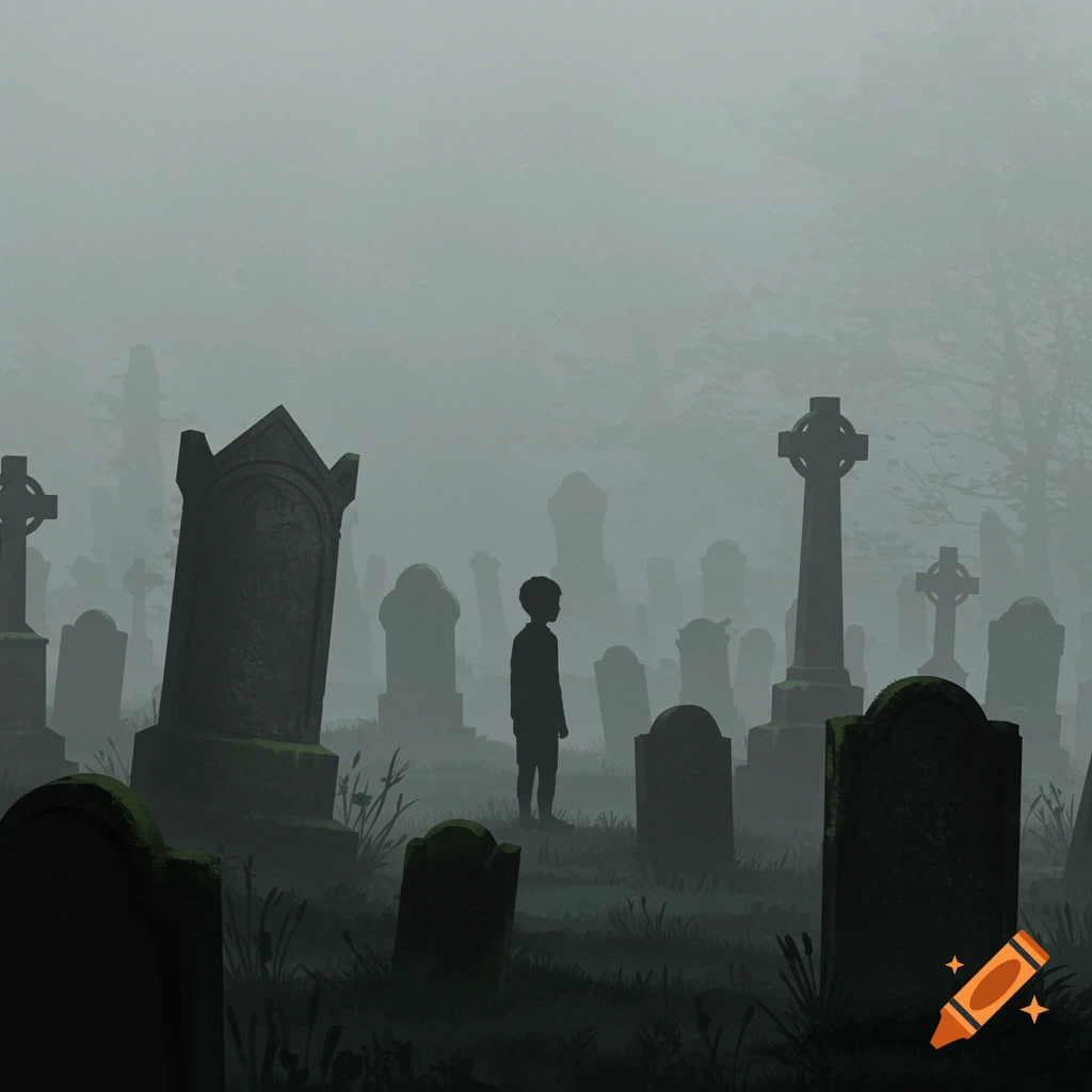 A boy's silhouette stands amidst a foggy graveyard with numerous gravestones.