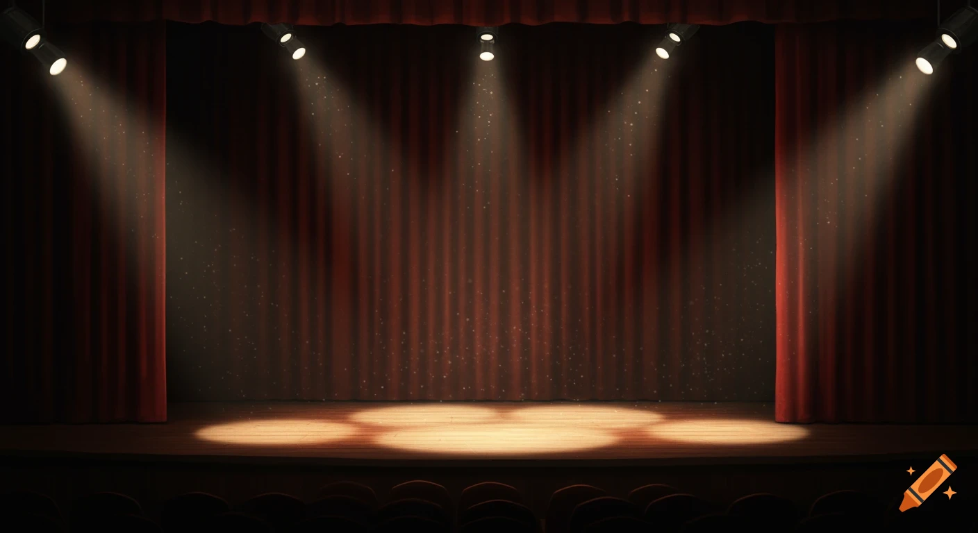 A photorealistic empty stage with closed red curtains and multiple spotlights shining on the wooden floor.