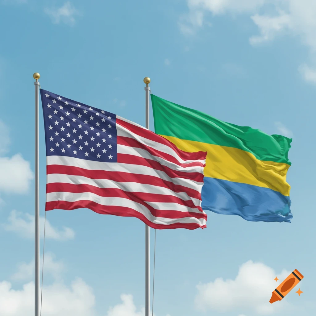 American and Gabonese flags waving against a blue sky.
