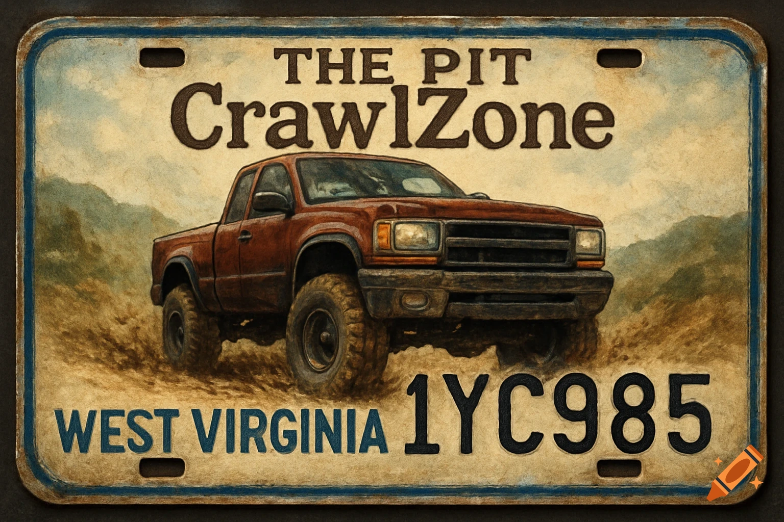 A vintage-style West Virginia license plate with a red 4x4 pickup truck on dirt, text reads THE PIT CrawlZone and 1YC985.