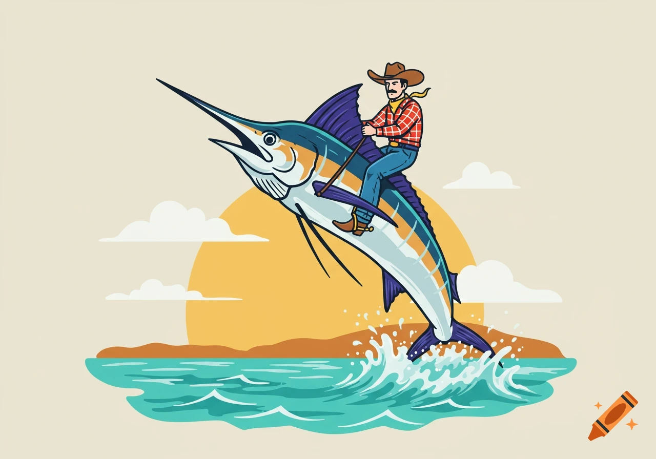 A stylized illustration of a cowboy riding a blue and white marlin fish jumping out of the ocean with a yellow sun and clouds.