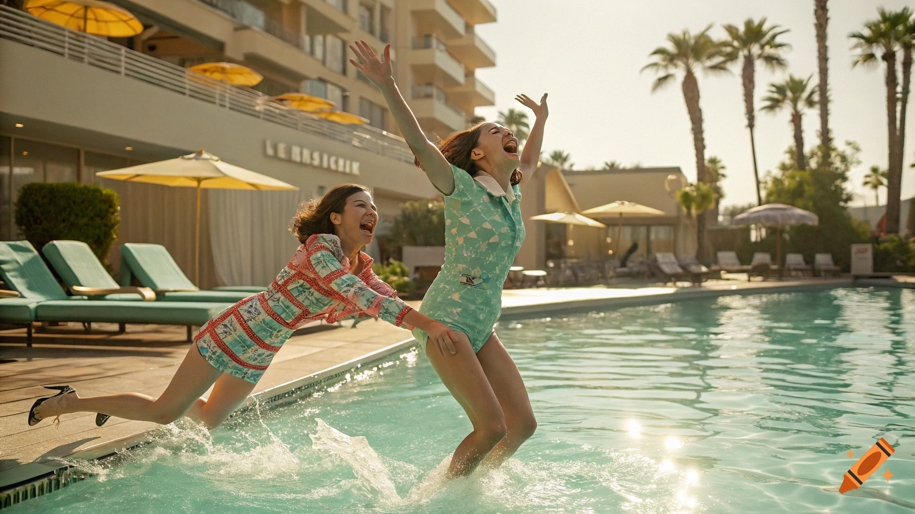 Two women, one pushing the other into a sunny hotel swimming pool, laugh as water splashes. The woman jumping has her arms raised in delight. Palm trees and a hotel building are in the background.