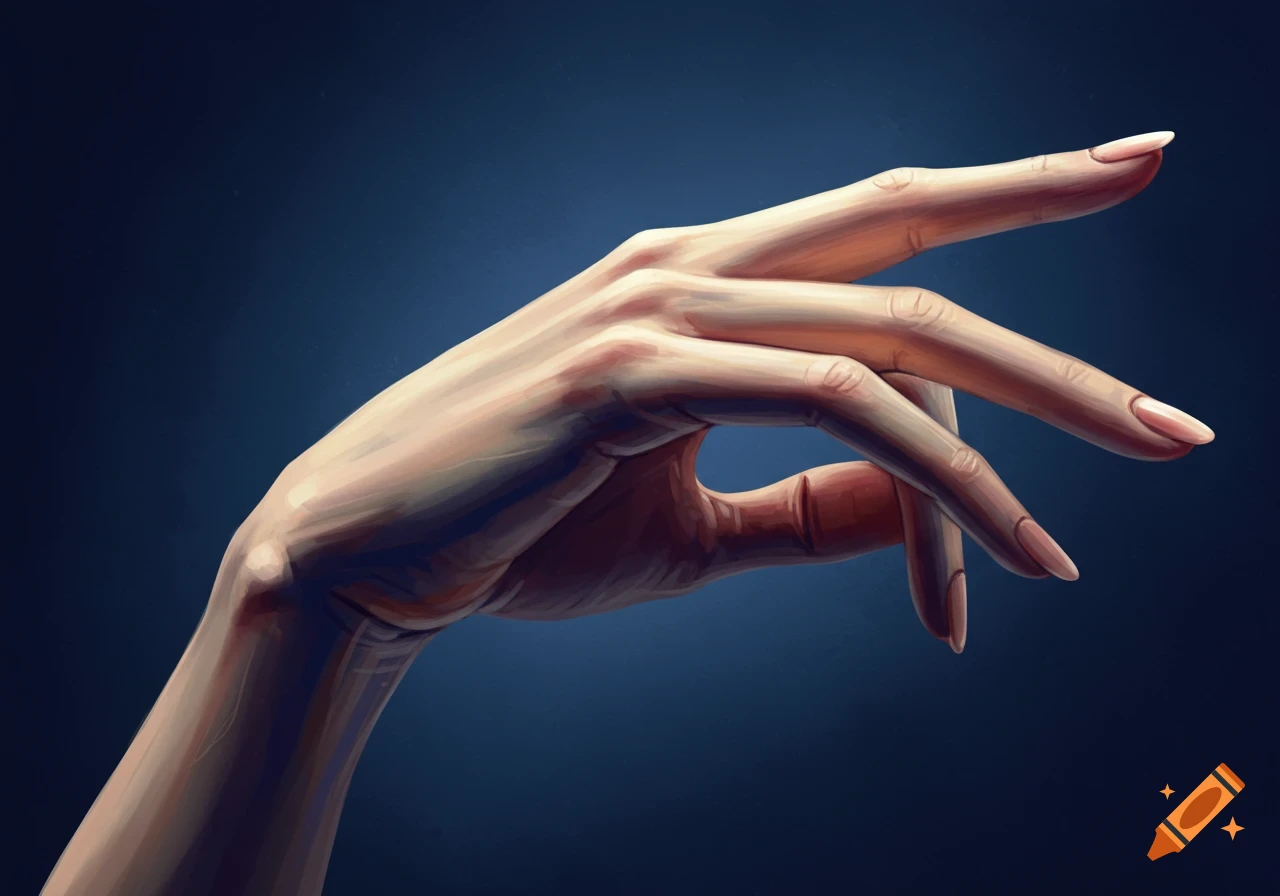 Stylized illustration of a human hand with painted nails against a dark blue background.