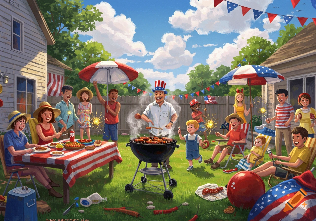 A diverse group of people celebrate the 4th of July with a backyard barbecue, sparklers, and patriotic decorations under a blue sky.