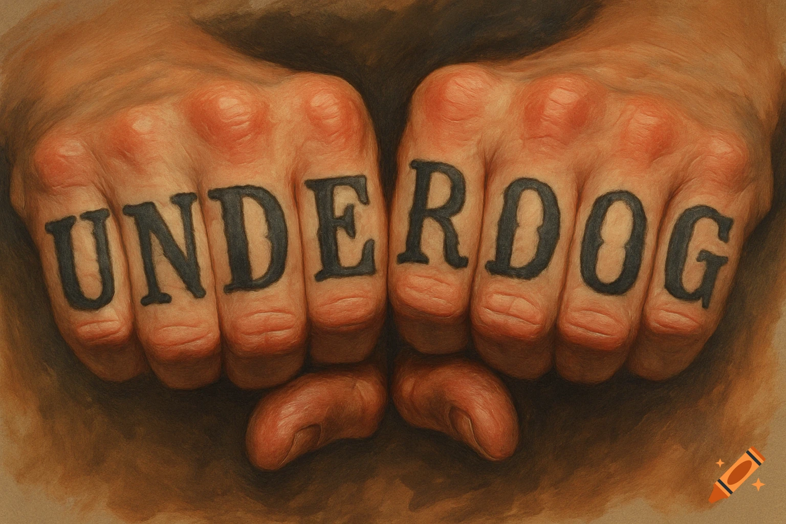 A close-up painting of two clenched fists with the word 'UNDERDOG' tattooed across the knuckles.
