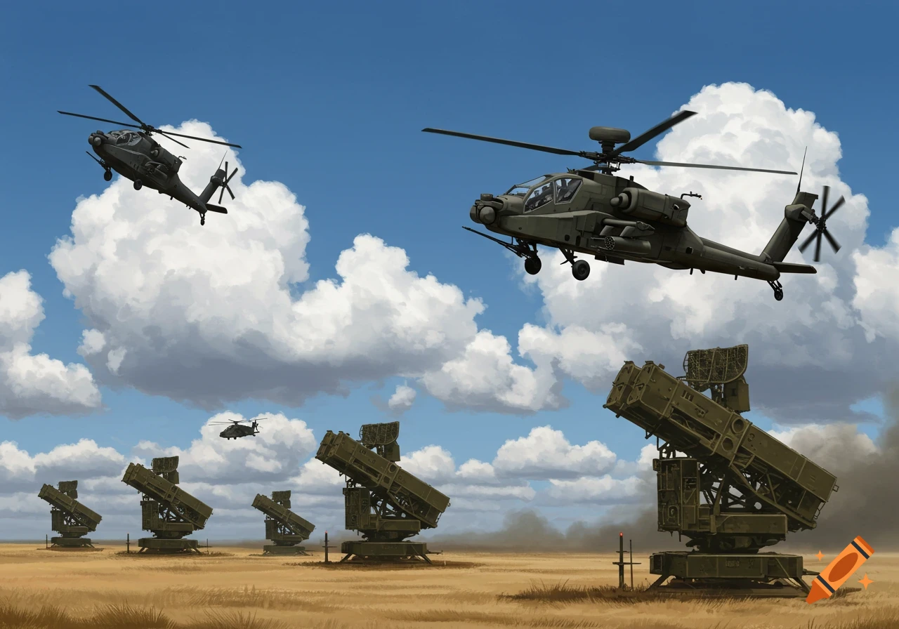 Two Apache helicopters flying over Patriot missile launchers in a dry, grassy field under a cloudy blue sky.