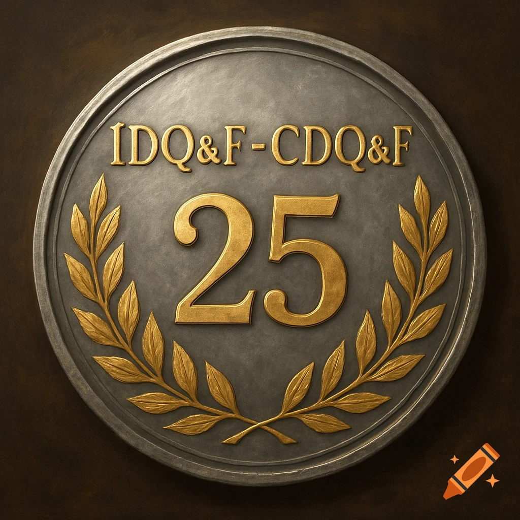 A close-up of a silver medallion with the gold text 'IDQ&F - CDQ&F' and the number '25', encircled by golden laurel leaves.