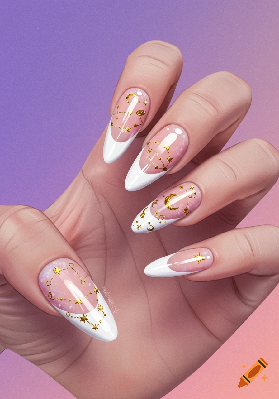 Close-up of a hand with almond-shaped nails featuring white French tips and gold celestial designs against a gradient background.