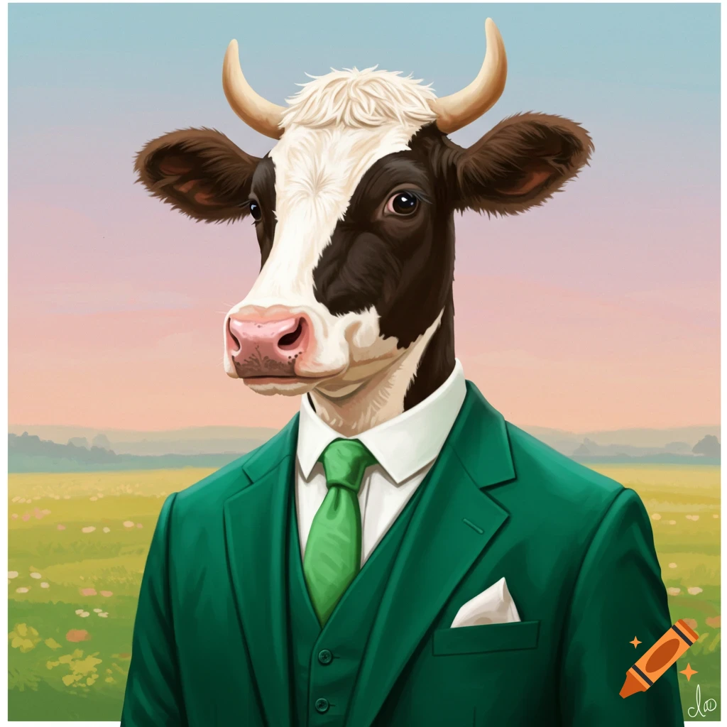 A realistic illustration of a cow wearing a green suit and tie, standing in a field with a pastel sky.