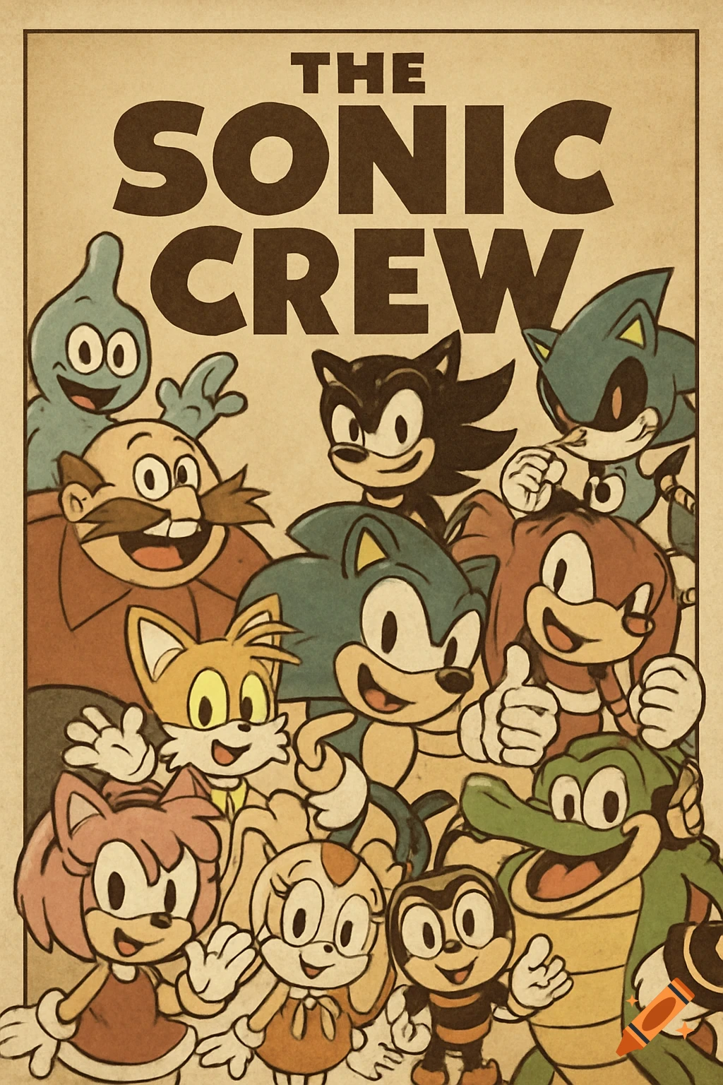 A vintage cartoon-style poster featuring Sonic, Tails, Knuckles, Amy Rose, Cream, Shadow, Vector, Charmy Bee, Dr. Robotnik, Metal Sonic, and Chaos, with the text "THE SONIC CREW" at the top.