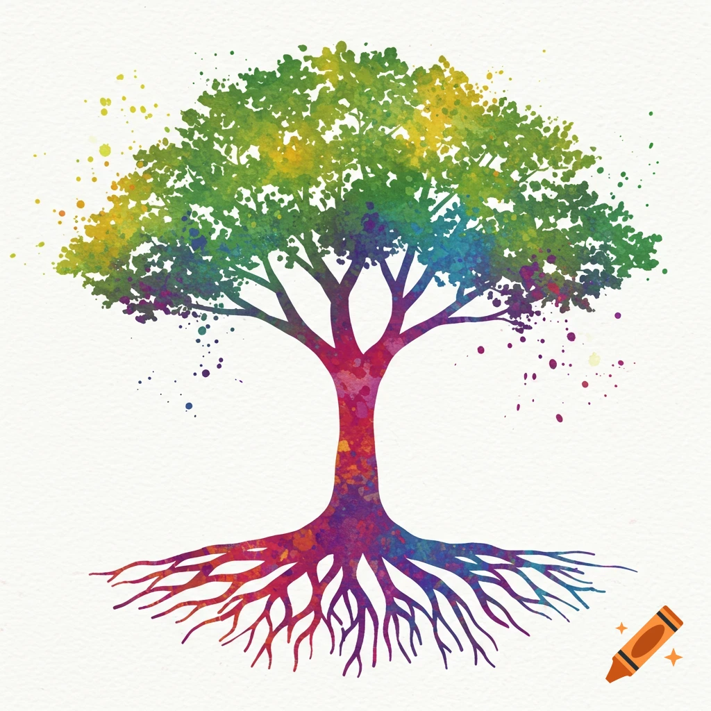 A vibrant watercolor tree with a colorful trunk and roots, and green, yellow, and blue leaves, on a white background.