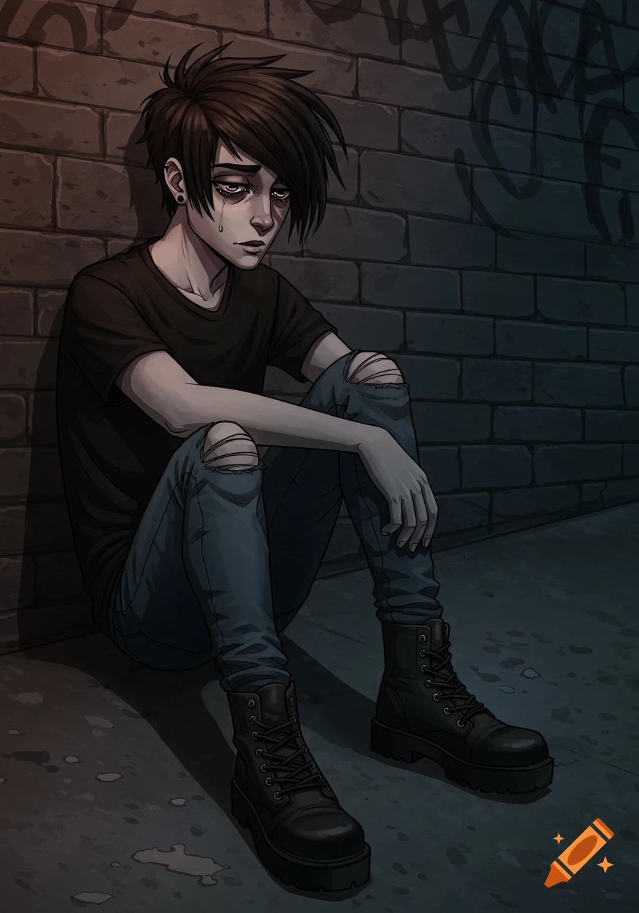 An illustration of a sad emo teenage boy with dark hair and ripped jeans, sitting on the ground against a brick wall at night.
