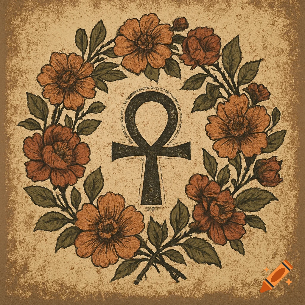 A vintage-inspired illustration featuring an Ankh symbol at the center, surrounded by a circular wreath of orange and green flowers and leaves, all on a distressed, earthy-toned background.