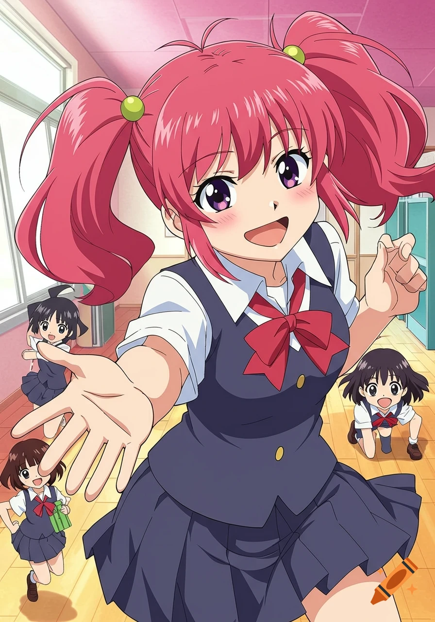 A group of cheerful anime schoolgirls in uniforms in a brightly lit school hallway.