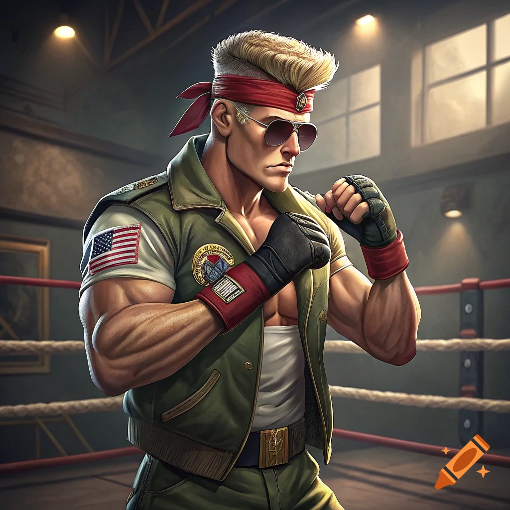 Muscular man with blonde flattop, sunglasses, red headband in a boxing ring, military vest, boxing gloves, comic art style.