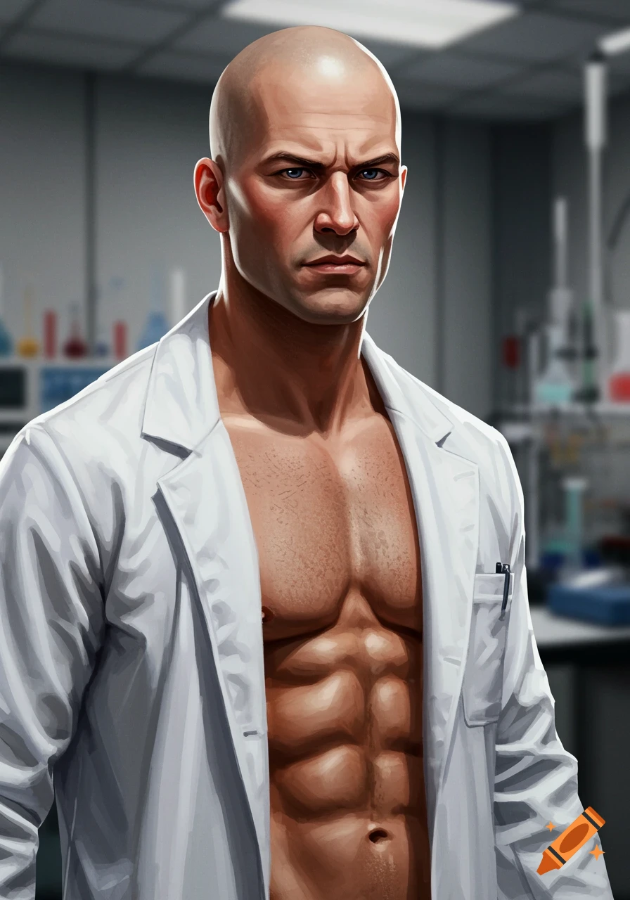 A bald, muscular man with blue eyes and a serious expression wears an open lab coat in a laboratory.