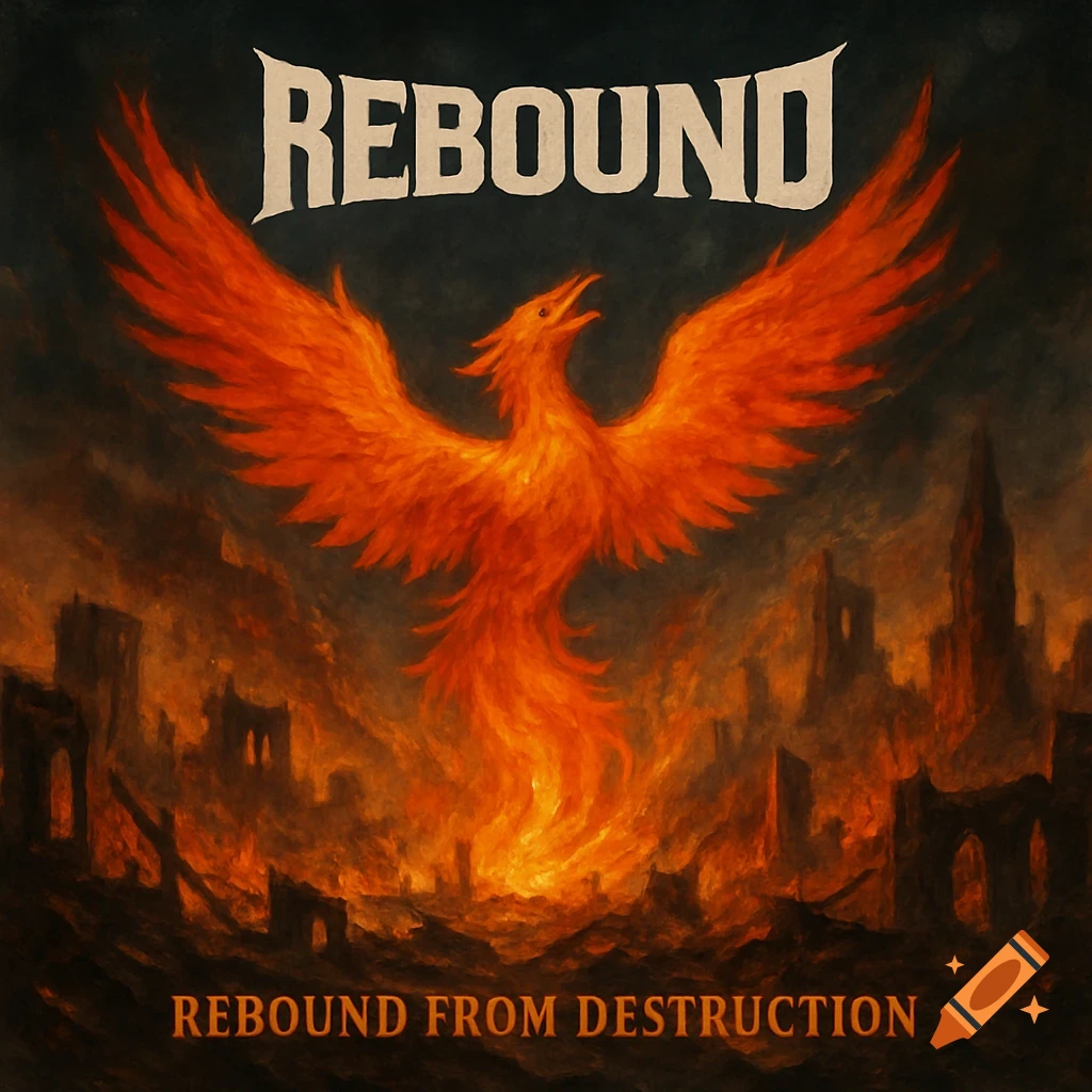A fiery orange phoenix with large wings rises from a burning, ruined city under dark skies, with the words "REBOUND" and "REBOUND FROM DESTRUCTION" written on it.