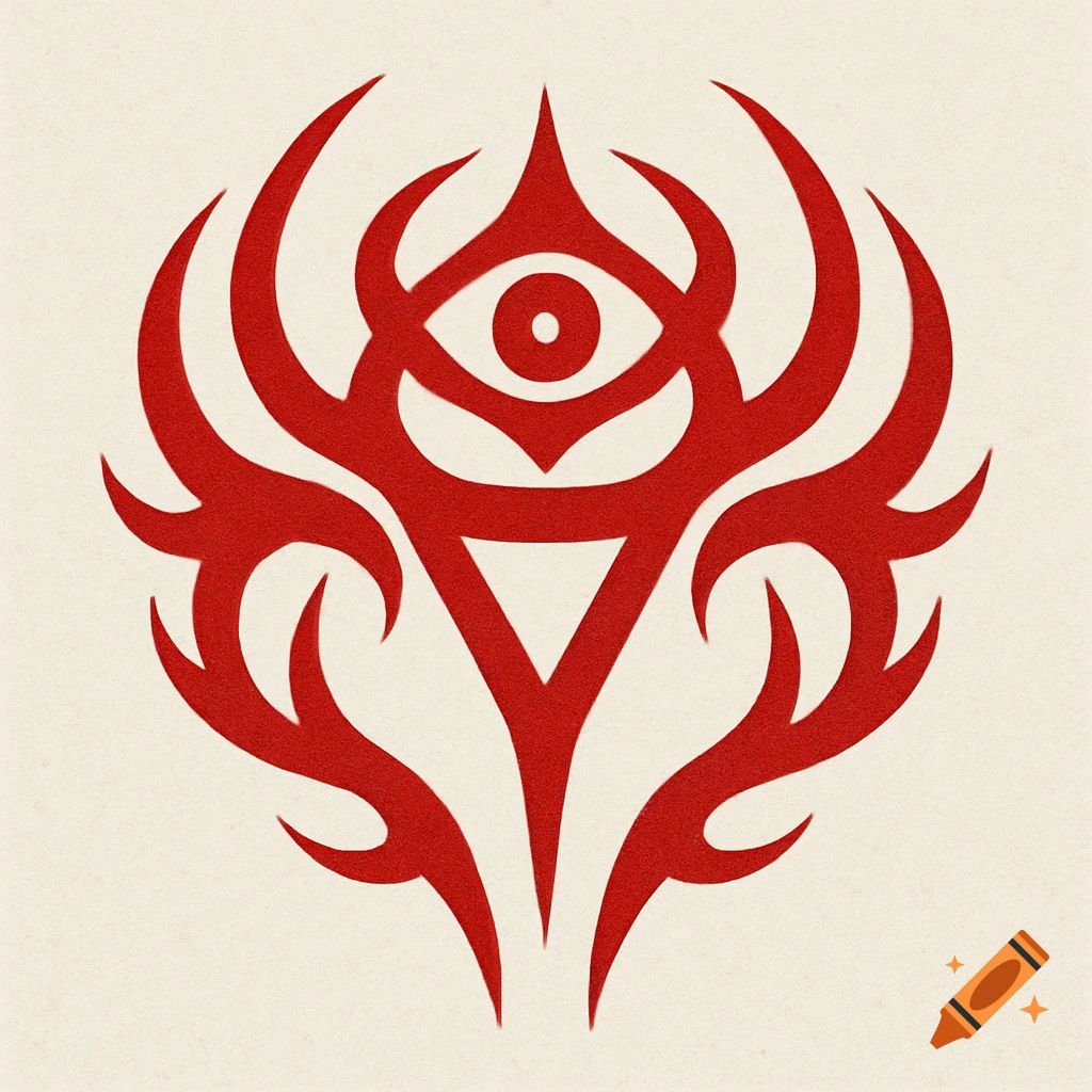 A stylized red tribal symbol featuring an eye and a triangle on a light background.