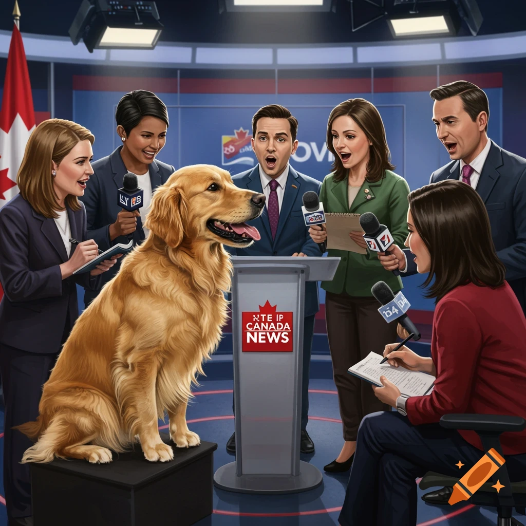 A golden retriever stands at a news podium while reporters with microphones and notebooks react with surprise and excitement.