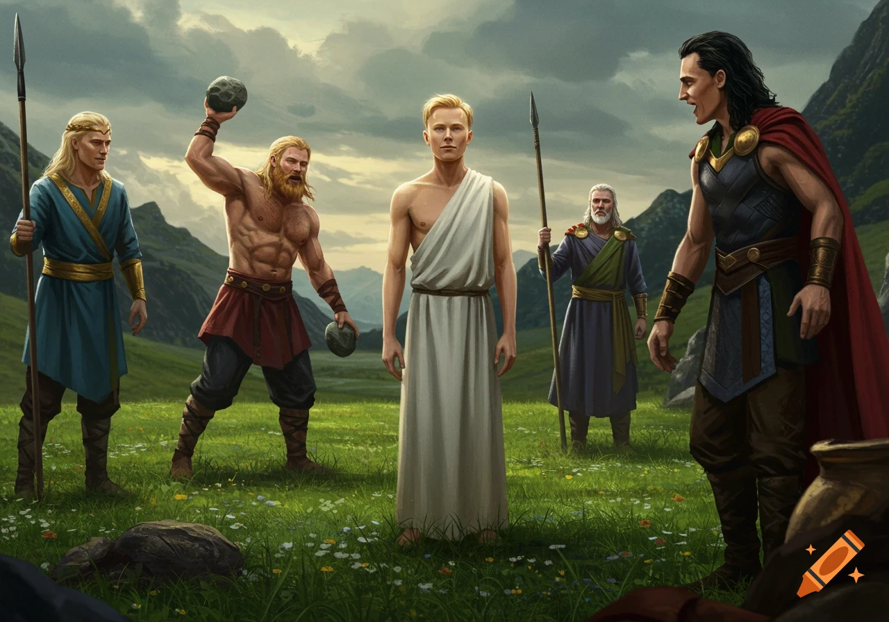 Hyper-realistic digital painting of five Norse gods, including Thor preparing to throw a stone at Baldr, on green plains.