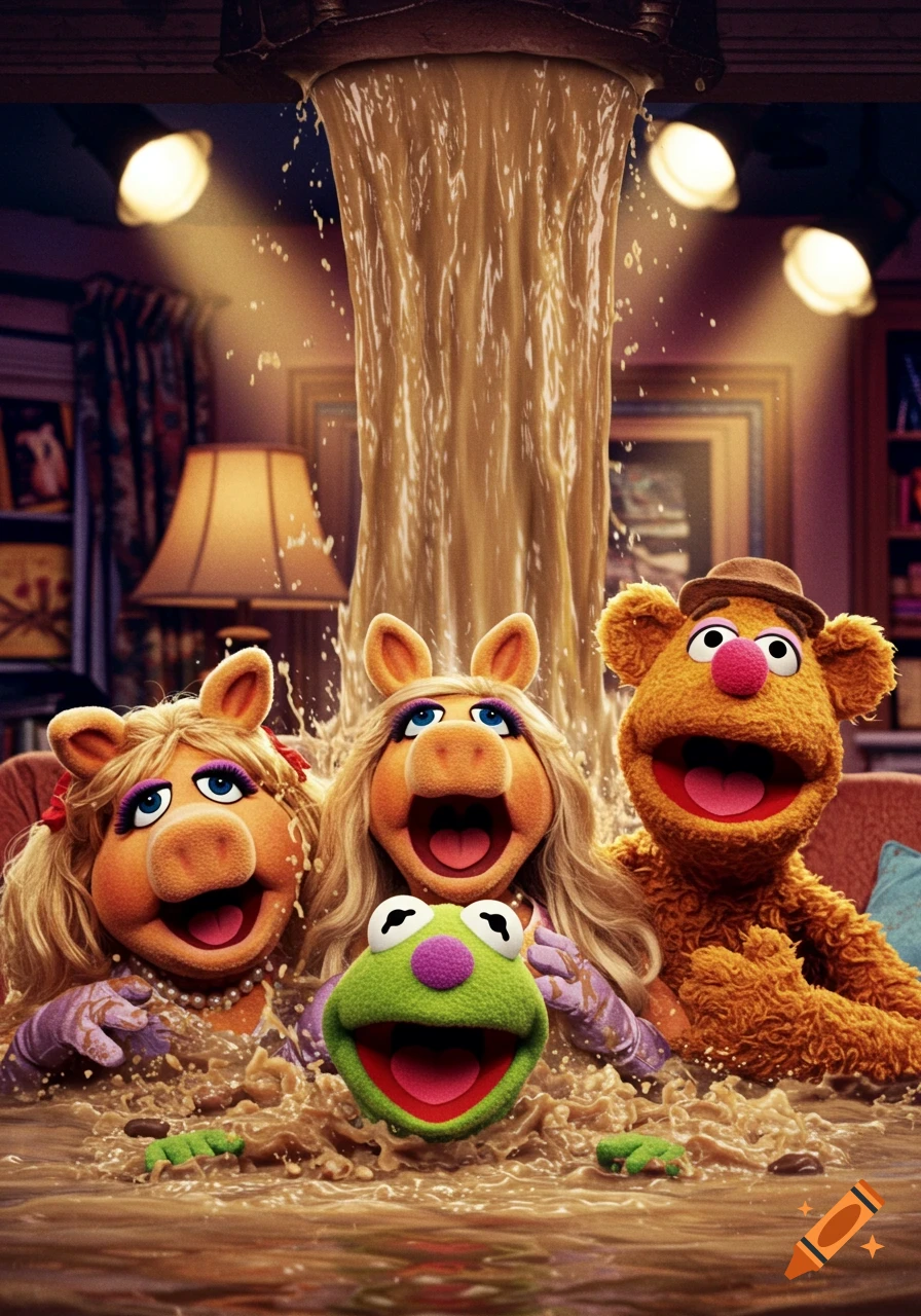 Muppet characters Miss Piggy, Kermit, and Fozzie Bear covered in brown sludge from a ceiling leak in a living room.