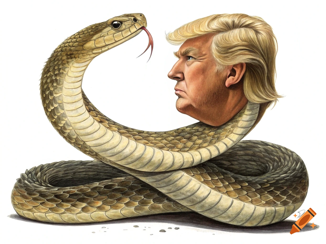A detailed illustration of a snake's body with Donald Trump's head, looking forward in profile.