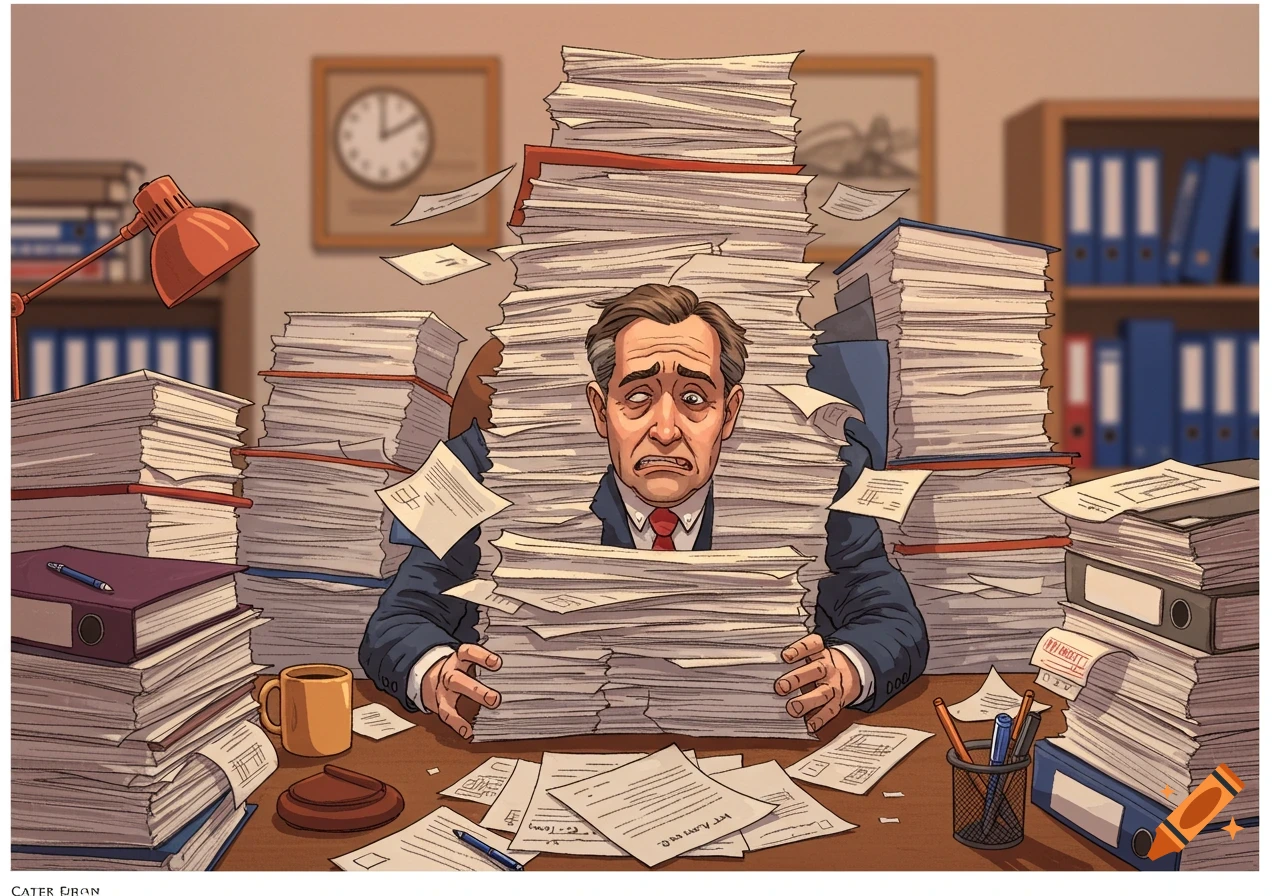 An illustration of a stressed lawyer buried under towering piles of paperwork at his office desk.