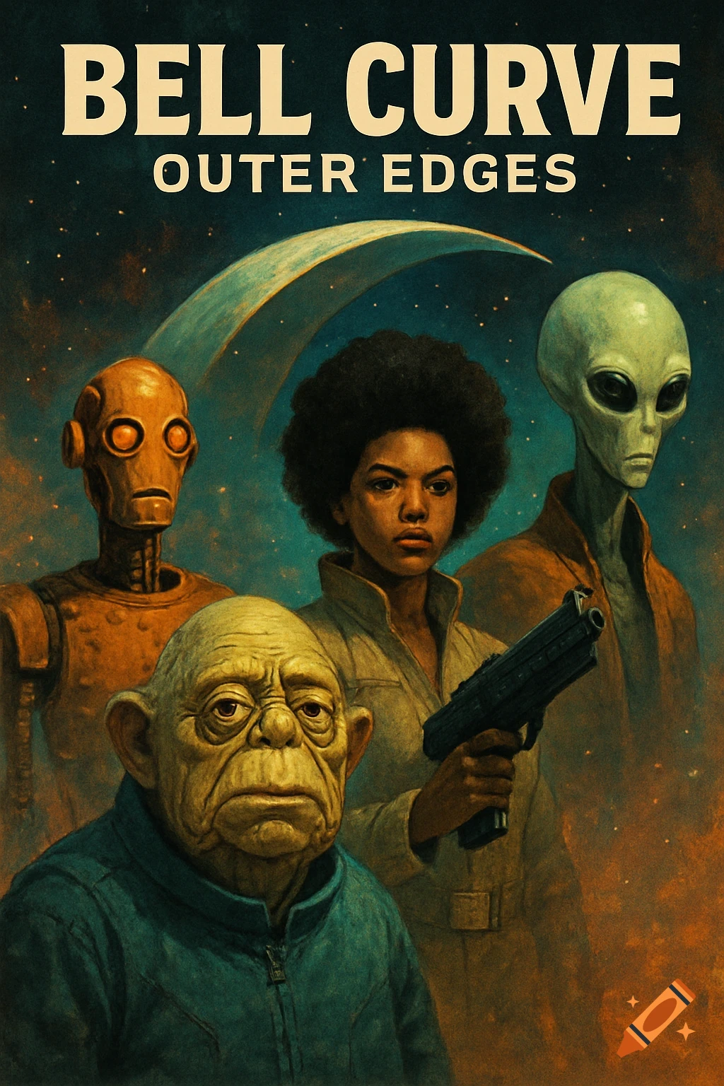 A retro-futuristic sci-fi movie poster featuring a robot, a woman holding a gun, a grey alien, and a Yoda-like creature under a crescent moon, with text that reads "BELL CURVE OUTER EDGES".