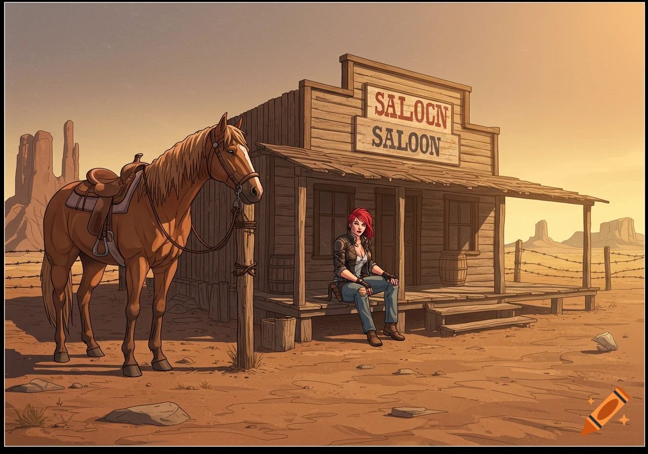 A stylized illustration of a woman sitting on the porch of a saloon next to a horse in a desert landscape.